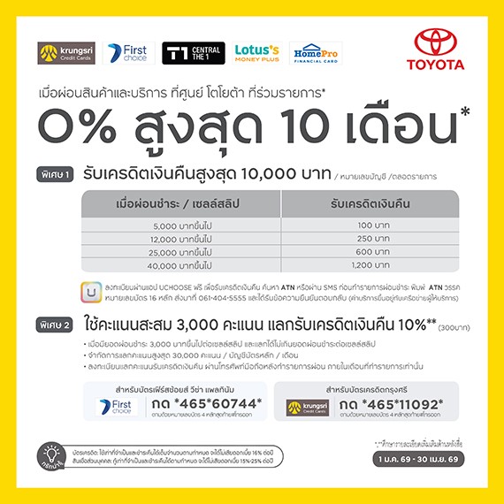 เมื่อผ่อนสินค้าและบริการ ที่ศูนย์โตโยต้าที่ร่วมรายการ* ผ่อน 0% สูงสุด 10 เดือน*